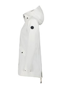 Weiße, wasserdichte Jacke mit Kapuze, schwarzen Akzenten, Druckknöpfen und Seitentaschen. Verfügt über ein schlankes, leichtes Design.