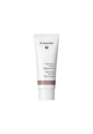White plastic tube with a flip-top cap, featuring black and brown text. Label reads "Dr. Hauschka Regenerating Intensive Day Cream."