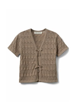 Taupe lühikeste varrukatega kootud kardigan pitsimustriga ja kahe eesmise nööritusega, kaubamärgiga Sofie Schnoor.