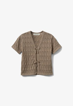 Taupe kratki džemper s kratkim rukavima, pleteni s uzorkom od čipke i dva prednja vezanja, označen Sofie Schnoor.