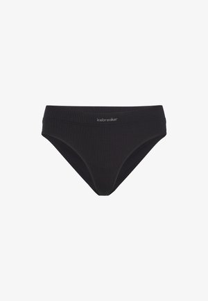 Zwarte geribbelde bikini van stof met een tailleband met het "icebreaker" logo. Het ontwerp is eenvoudig en sluit nauw aan.