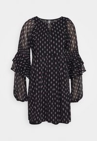 Mustapuku, jossa on kukkakuosi, läpinäkyvät pitkät hihat, röyhelökoristelut hihoissa ja avonainen kaula-aukko. Kevyt kangas, jossa on lehahtava siluetti.