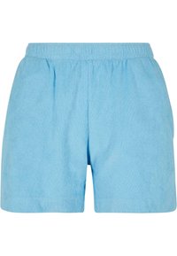 Shorts bleu clair en tissu éponge avec taille élastique et ourlet droit, vus de face sur fond blanc.
