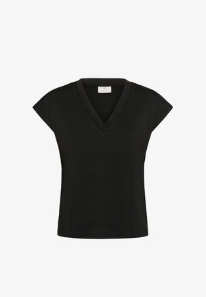 Melna īsām piedurknēm blūze ar V veida kaklu, izgatavota no mīksta auduma. Vienkāršs, tīrs dizains bez rakstiem vai metāla detaļām.