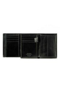 Portafoglio in pelle nera con molteplici scomparti per carte, chiusura a bottoni e una texture liscia. Include una tasca trasparente per l'ID e un marchio in rilievo.
