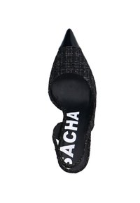 Chaussure noire à bout pointu avec dessus texturé, au design élégant, dos ouvert et accents réfléchissants. Présente un talon noir et une semelle intérieure rembourrée.