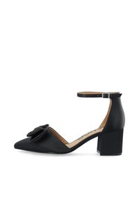 Black satin high-heeled shoe with a pointed toe, ankle strap, and a bow accent on the vamp. Chunky block heel design.
