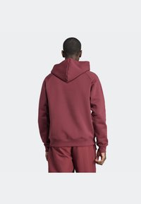 Homme vu de dos portant un sweat à capuche bordeaux, capuche abaissée, et un pantalon assorti bordeaux, sur un fond clair uni.
