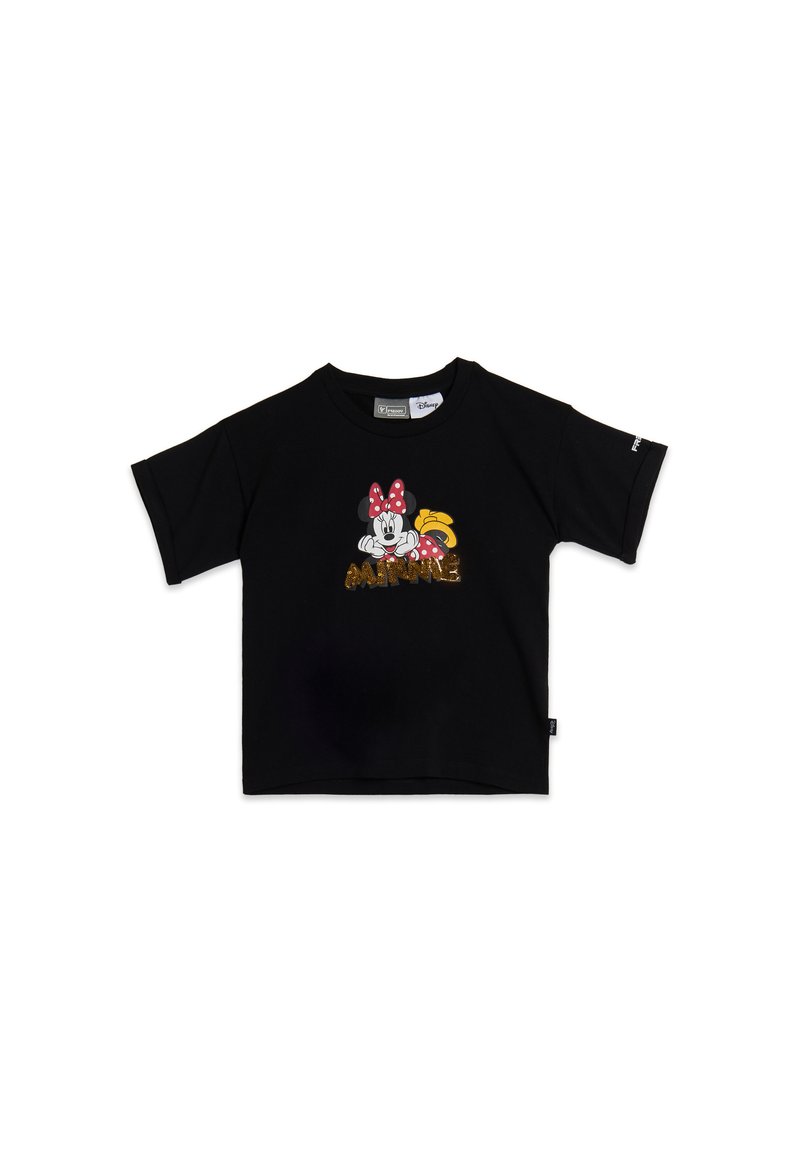 T-shirt noir à manches courtes avec un graphique coloré représentant un personnage de dessin animé portant un nœud à pois et des lettres dorées épelant "Minnie".