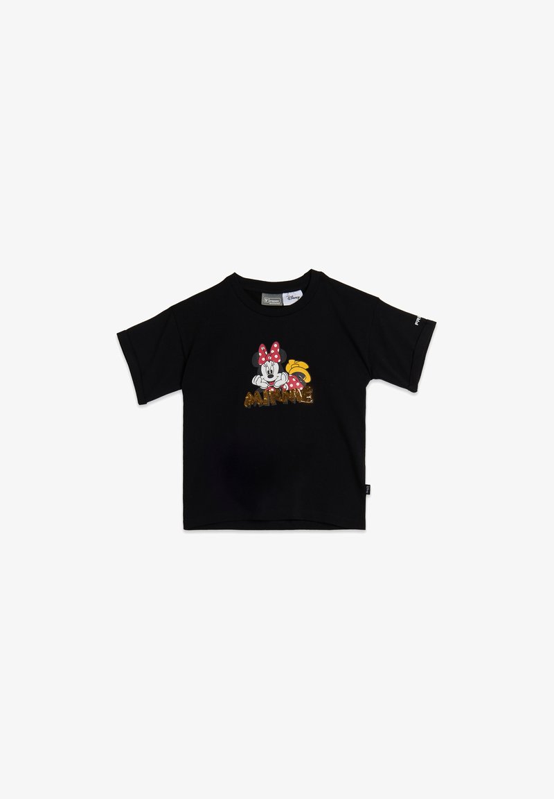 T-shirt noir à manches courtes avec un graphique coloré représentant un personnage de dessin animé portant un nœud à pois et des lettres dorées épelant "Minnie".