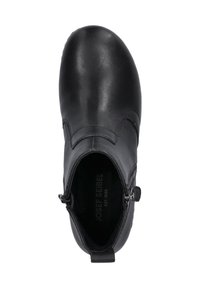 Zwarte leren enkellaars met een ronde neus, zijrits en gestikte accenten. Glad oppervlak met een matte afwerking. Merkennaam zichtbaar aan de binnenzijde.