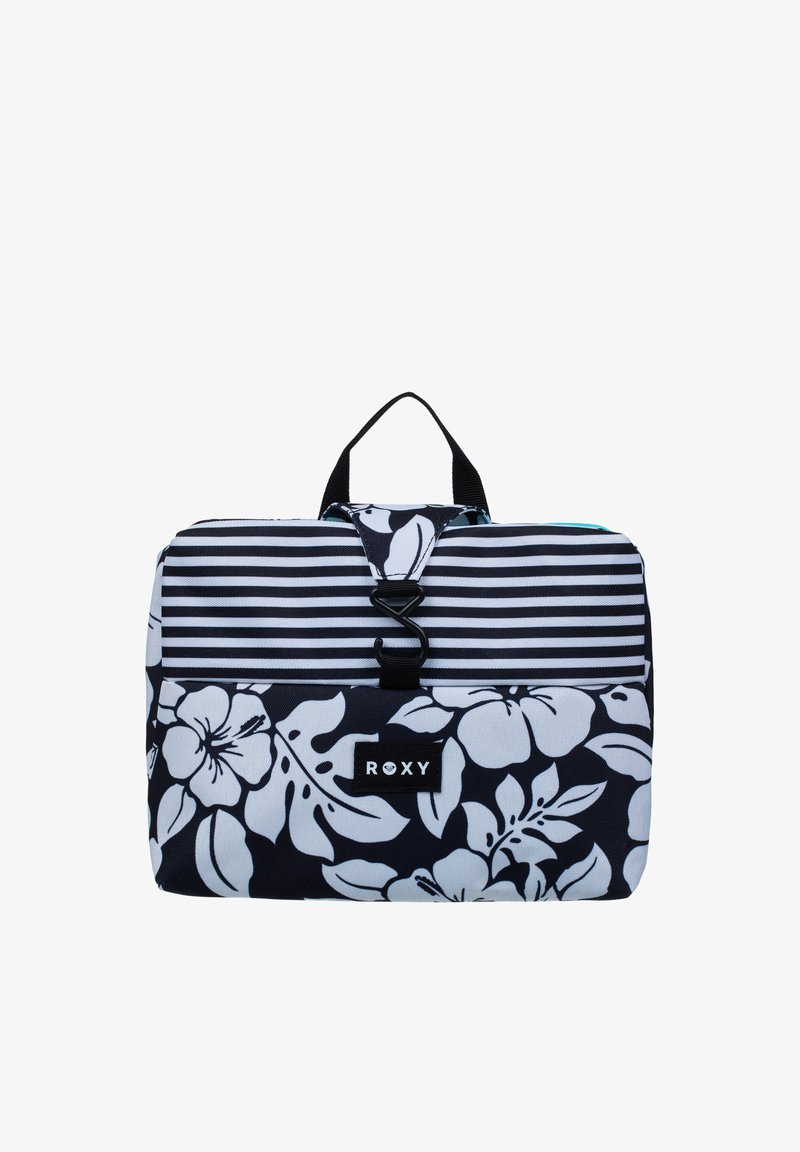 Prostokątna czarno-biała torba podróżna z kwiatowymi i paskowymi wzorami, uchwytem do noszenia, czarną klamrą oraz logo "ROXY" na przedniej kieszeni.