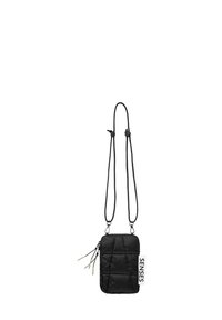 Black quilted crossbody bag with adjustable straps, zip closure, and a prominent "SENSES" tag. Features textural lines and a compact shape.