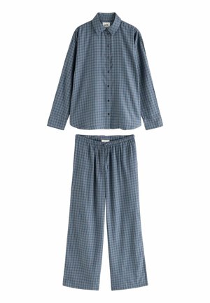 Long-sleeve blue and gray plaid button-up pajama top with matching elastic waist plaid pajama pants on a white background.