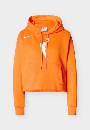 Lys orange kort hættetrøje med frontlomme, snore, hvid silhuet af en basketballspiller og hvid Nike-logo på brystet.