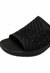 Sandale noire à enfiler avec une tige en maille texturée agrémentée d'accents scintillants, un design à bout ouvert et une semelle noire rembourrée.