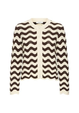 Langärmelige Strickjacke mit cremefarbenen und dunkelbraunen wellenförmigen Streifen und cremefarbenen Knöpfen vorne.