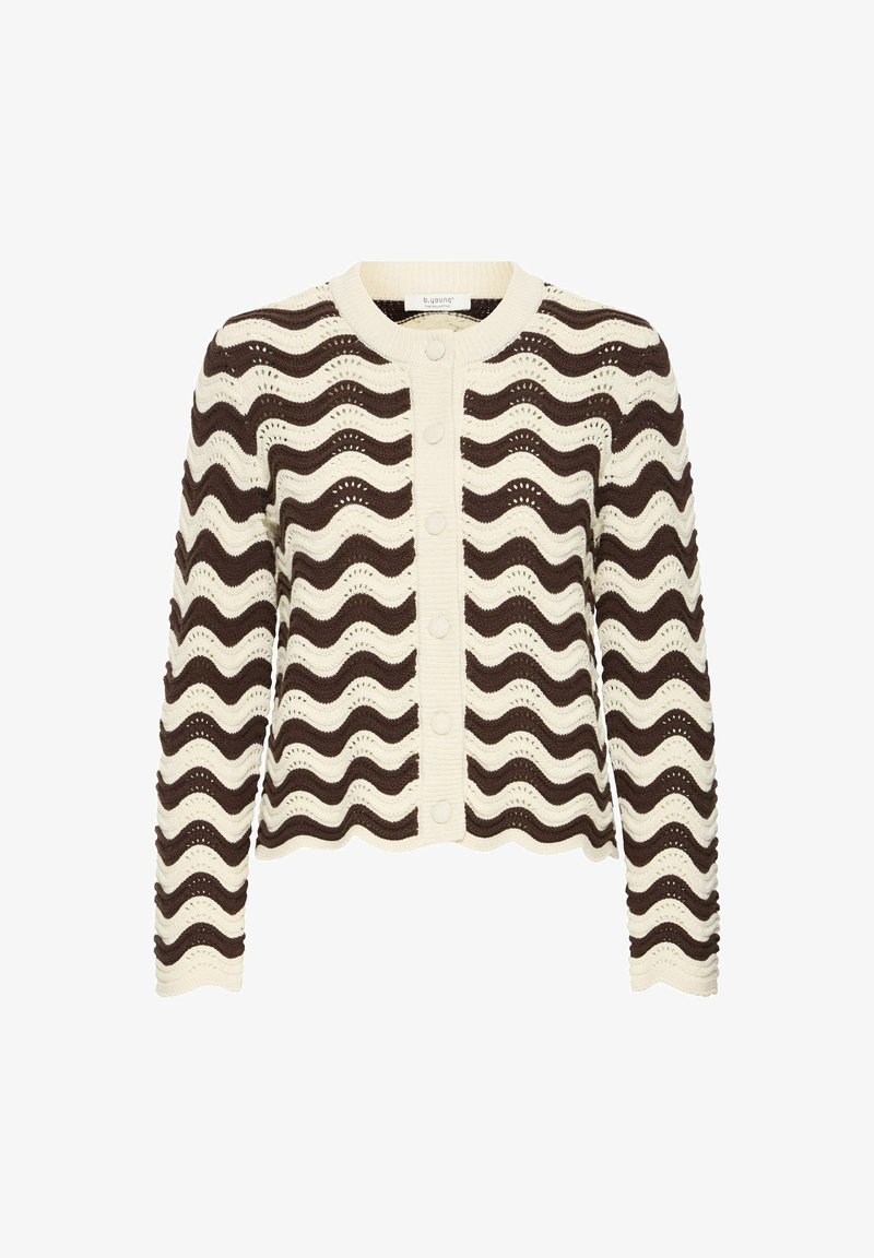 Cardigan tricoté à manches longues avec rayures ondulées crème et marron foncé et boutons crème sur le devant.