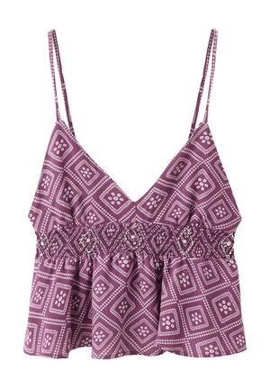 Top court violet style cami avec motif géométrique en losange blanc, fines bretelles ajustables et taille élastiquée froncée.