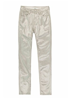 Metallisch zilveren skinny jeans met vijf zakken, subtiele glans en een platte tailleband. Bevat een sluiting met een voorknop en riemlussen.