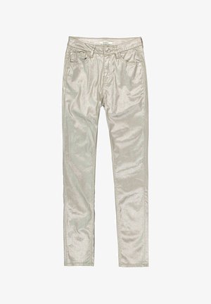 Metallic silberne Skinny-Jeans mit fünf Taschen, dezentem Glanz und einem flachen Bund. Sie verfügen über einen Frontknopfverschluss und Gürtelschlaufen.