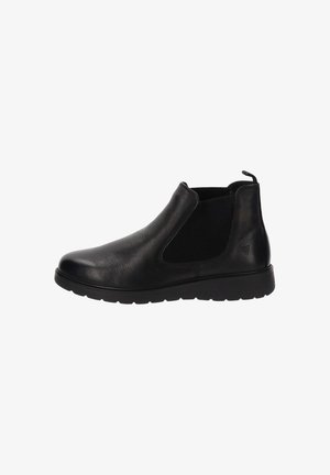 Bottines en cuir noir avec panneaux élastiques sur les côtés, surface texturée et bout arrondi. Présente une languette de traction et une semelle en caoutchouc flexible.