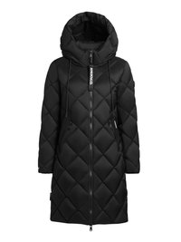 Must, tikanditega pikk mantel kõrge kapuutsiga, esiteljega ja kahe küljetaskuga. Omaduseks on paeladetailid ja logomärk.