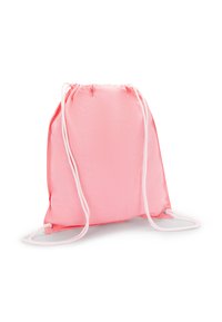 Mochila de cuerda en un vibrante tejido rosa con cordones blancos. Textura suave, diseño simple y esquinas redondeadas. Sin características adicionales.