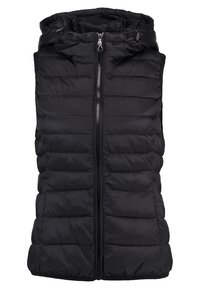 Czarna, ocieplana kamizelka z kapturem, z pełnym zamkiem błyskawicznym z przodu oraz poziomymi szwami. Miękka tekstura, lekki materiał i brak widocznych wzorów.