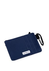 Navy blue nylon wallet with a zipper closure and clip, featuring stitched accents and a label reading "EST. 2015." Compact design.