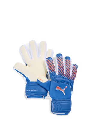 Paire de gants de gardien Puma bleus et blancs avec des détails rouges et des sangles au poignet, montrant les faces avant et paume.
