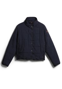 Chaqueta acolchada en azul marino con un cuello alto, cierres a presión en la parte delantera y bolsillos laterales. Presenta una tela suave y un diseño corto.