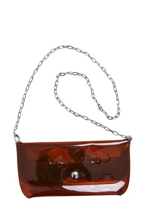 A transparent orange clutch bag with a silver chain strap, featuring a snap button closure and embossed brand name on the front.