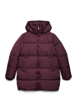 Giacca invernale bordeaux con cappuccio, dotata di chiusura frontale con zip, due tasche laterali e un motivo trapuntato per l'isolamento.