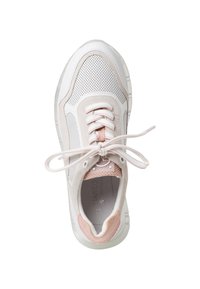 Leichte Sneaker in Weiß und Pink, mit Netzpaneelen, Schnürdesign und durchsichtiger Sohle. Strukturiertes Wildleder-Akzent am Fersenbereich.