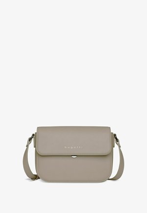 Tan leather crossbody bag with a flap closure, embossed logo, adjustable strap, and smooth texture. Compact rectangular shape.