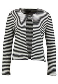 Cardigan a righe in bianco e nero, con maniche lunghe, davanti aperto e motivo a maglia testurizzata. Senza chiusure o bottoni.