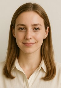 Porträtt av en person med långt brunt hår och bruna  ögon, iklädd en ljusbeige skjorta med knäppkrage, mot en neutral bakgrund.