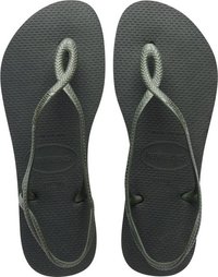 Chinelos pretos de borracha com uma sola texturizada, apresentando um design de alça trançada e um laço no dedão, rotulados "havaianas". Tamanho 37/38.