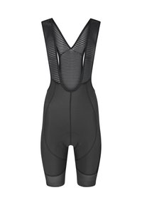 Black cycling bib shorts featuring a breathable mesh back, minimal seams, and padded insert for comfort. Close-fitting with a streamlined design.