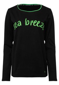 Zwarte longsleeve shirt met 'sea breeze' in neongeel gedrukt. Ronde halslijn met groene bies. Zachte, lichte stof met een relaxte pasvorm.