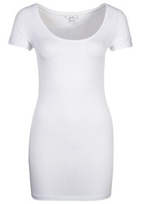 Bijela kratka majica haljina s ovalnim izrezom. Izrađena od glatkog, rastezljivog materijala. Ima uski kroj i dužinu do bokova.