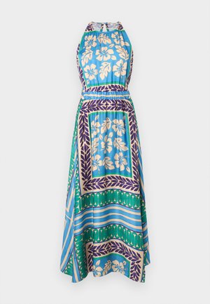 Vestido maxi azul con escote halter con motivos florales y geométricos en crema, púrpura y verde, con escote en forma de ojo de cerradura y cintura ceñida.