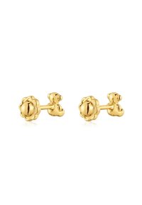 Pendientes de oro en forma de botón con un centro redondeado y un diseño floral. La superficie lisa y el acabado pulido realzan el brillo y la dimensión en general.