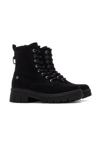Botas de tobillo de ante negro con diseño de cordones, ojales plateados, suela de goma y tira en el talón. Suela gruesa y texturizada para mayor agarre.
