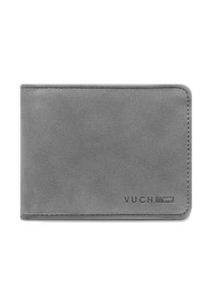 Gray matte leather wallet with rounded edges, featuring subtle stitching and an embossed logo on the bottom right corner.