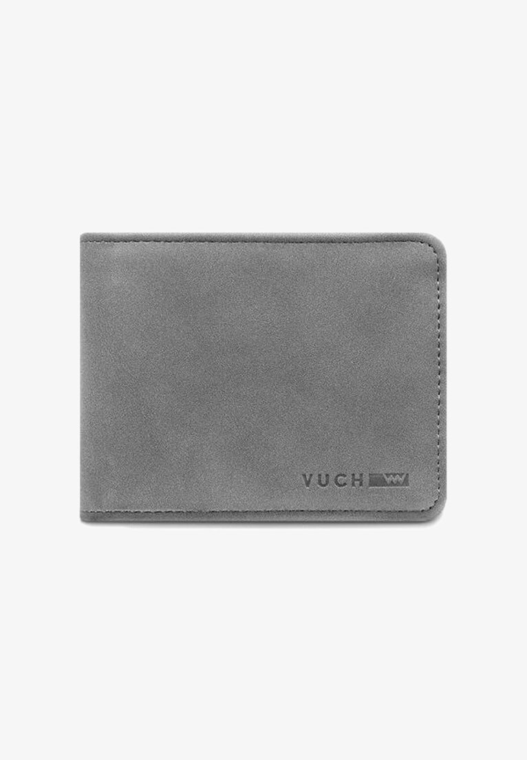 Gray matte leather wallet with rounded edges, featuring subtle stitching and an embossed logo on the bottom right corner.