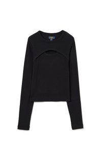 Schwarzes Langarmshirt aus weichem Stoff mit cropped Design und einem markanten Ausschnitt an der Vorderseite. Einfacher Halsausschnitt und keine sichtbaren Muster.