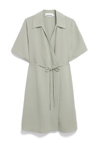 Light green wrap dress with a collar, short sleeves, and a tied waist. Soft fabric with a smooth texture and a simple design.