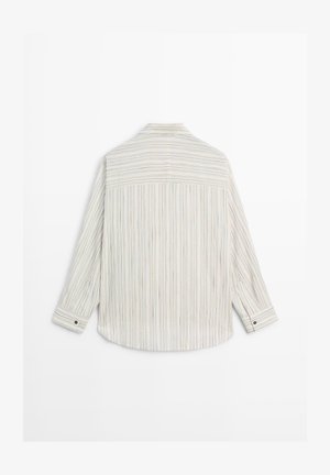 Gestreiftes Langarmshirt in hellen Farben mit vertikalen Linien. Das Material ist leicht, mit einem Standardkragen und knöpfbaren Manschetten.